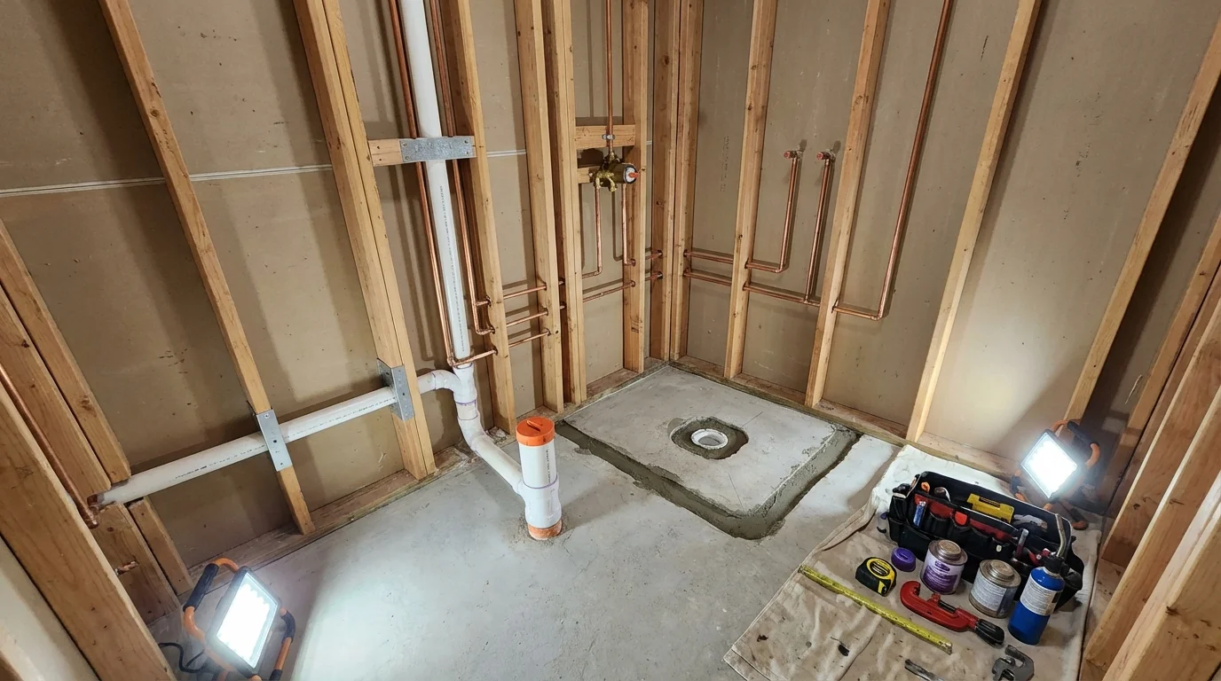 Bathroom rough-in plumbing during remodel by Johns Plumbing LLC in South Shore