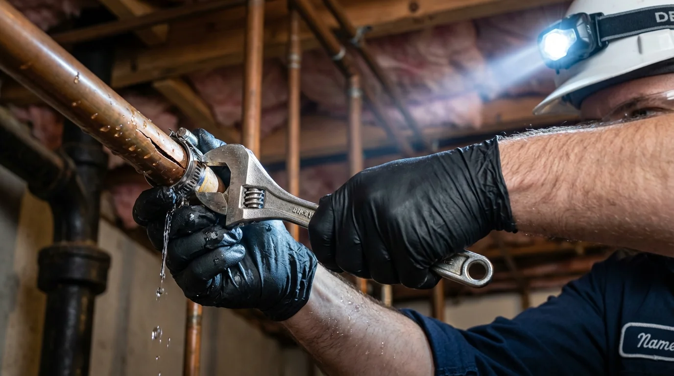 Emergency pipe clamp repair being performed by a Johns Plumbing LLC plumber in South Shore