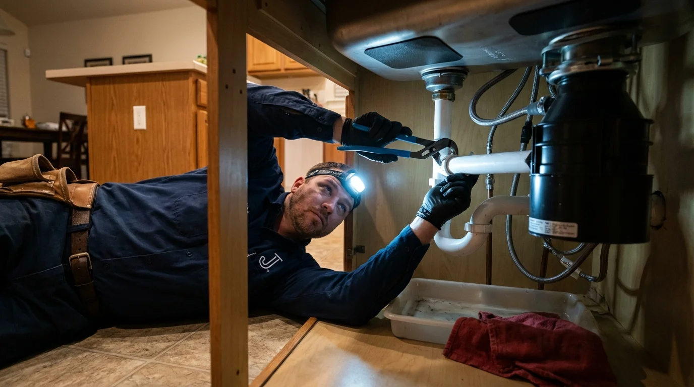 P-trap and supply line connections under a kitchen sink showing a common leak point in South Shore, KY